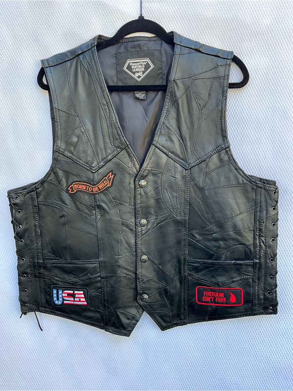 DIAMOND PLATE Genuine Buffalo Leather Patchwork Biker Vest Patches Lace-Up Large